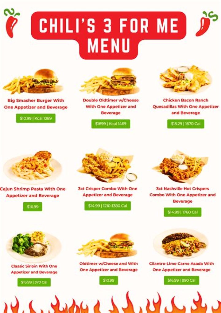 Whats on the 3 for 10 menu at Chilis